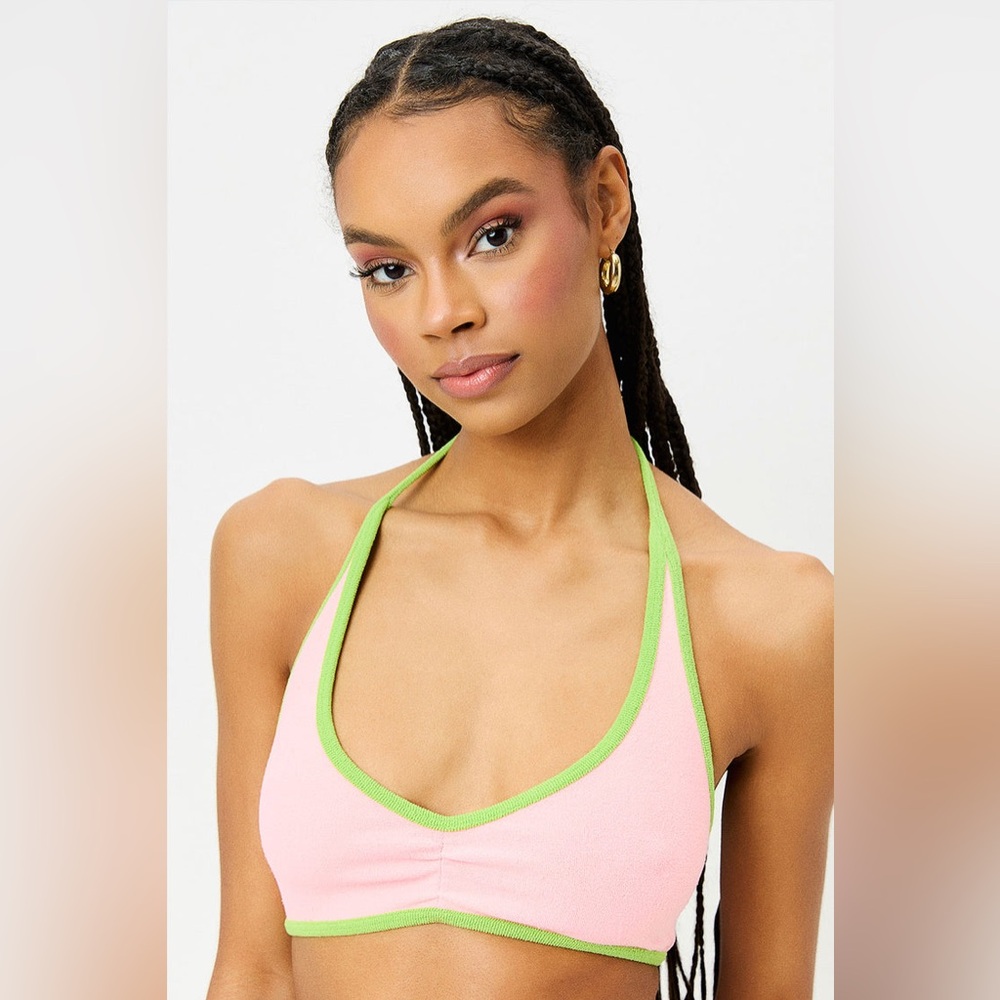 NWT Frankie's Bikinis Sawyer Terry Halter Bikini Top | Pink & Green | XS